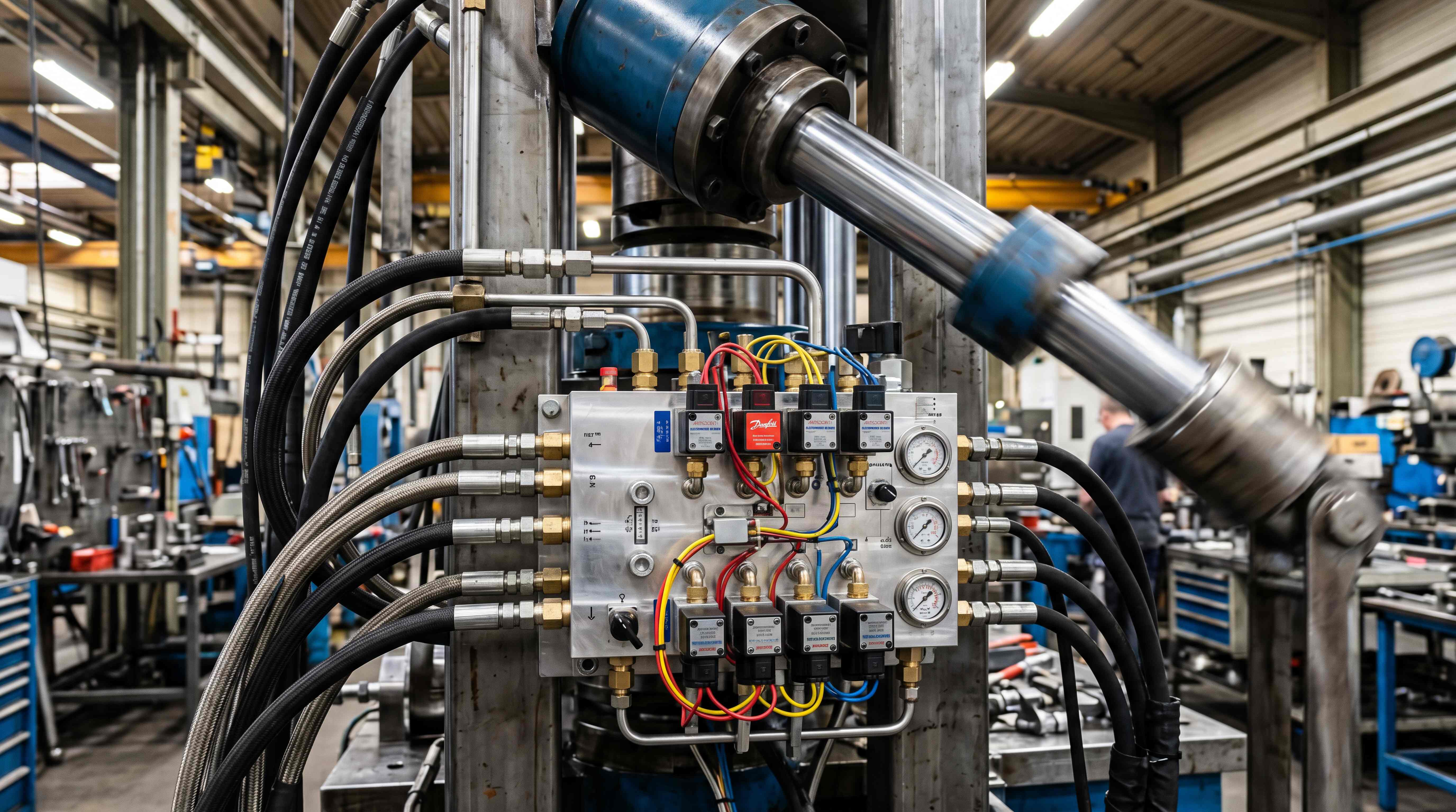 Hydraulic valve and manifold assembly installed on industrial equipment with solenoid valves, pressure gauges, hoses and cylinders